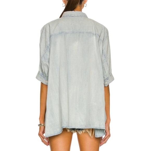R13 FADED DENIM BLUE OVERSIZED BOXY BUTTON UP SHORT SLEEVE SHIRT - Picture 3 of 16